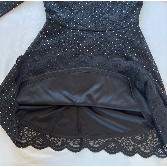 Black Lace Cold Shoulder Dress With Rhinestone Detail Scalloped Hem & Zipper Clo - Picture 3 of 6